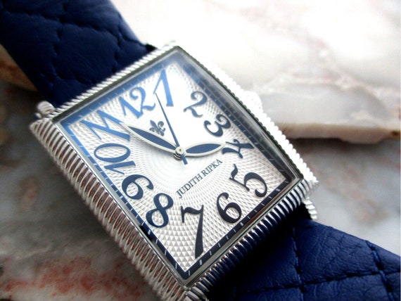 Judith Ripka Silver Tank Watch Blue Quilted Strap… - image 2