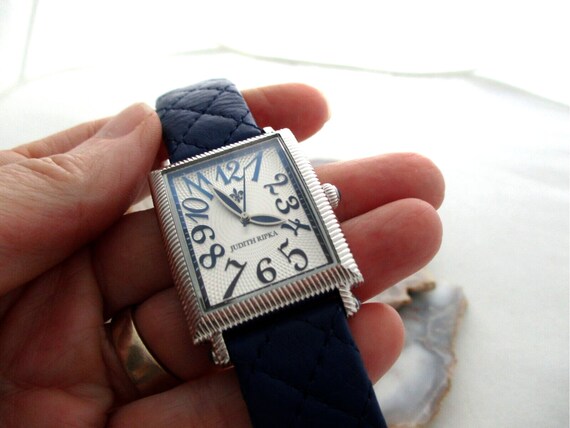 Judith Ripka Silver Tank Watch Blue Quilted Strap… - image 3