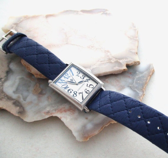 Judith Ripka Silver Tank Watch Blue Quilted Strap… - image 1