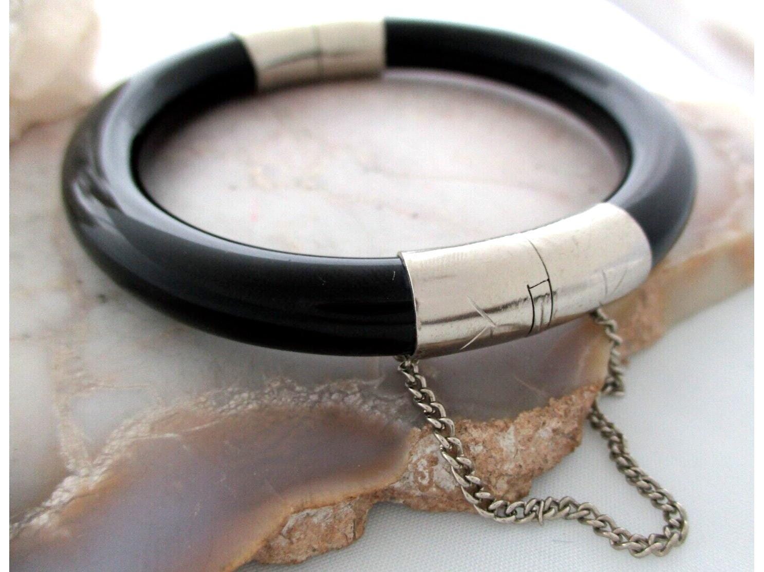 Black Onyx Bangle Etched Hinge Safety Chain Vintage Chinese