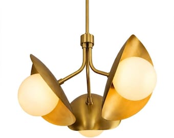 Mid Century Sputnik Chandelier - 3 Light Brass Pendant with Milky Glass Globe