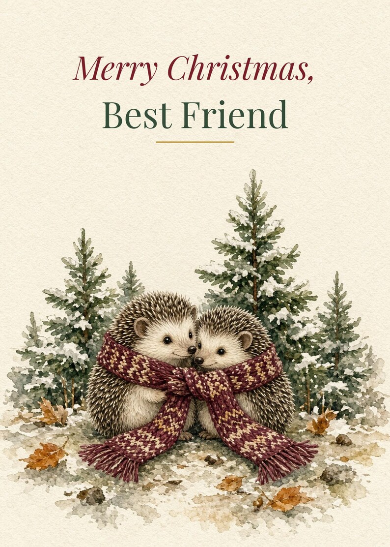 Printable Christmas Card for Best Friend, Hedgehogs, 5x7 imagen 2