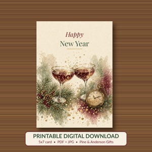 Printable Happy New Year Card, Champagne Toast, 5x7 imagen 1