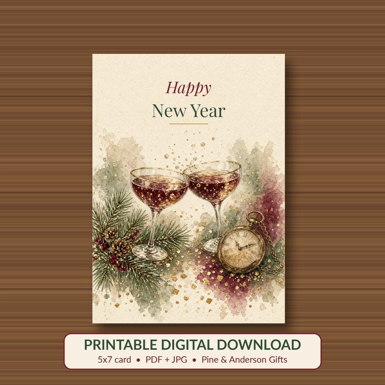 Printable Happy New Year Card, Champagne Toast, 5x7 imagen 1