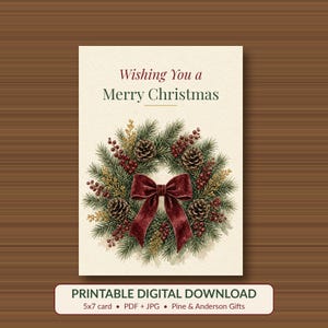Printable Merry Christmas Card, Watercolor Wreath, 5x7 imagen 1