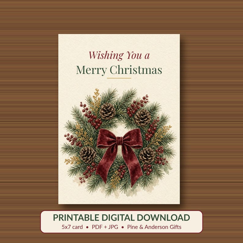 Printable Merry Christmas Card, Watercolor Wreath, 5x7 imagen 1