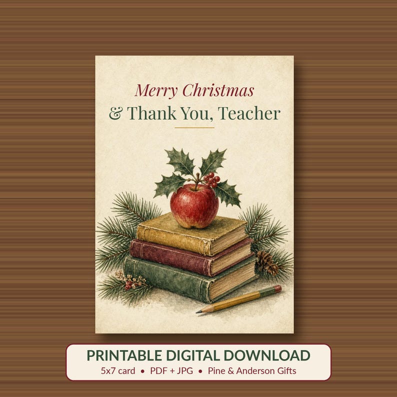 Printable Christmas Card for Teacher, Thank You, 5x7 image 1