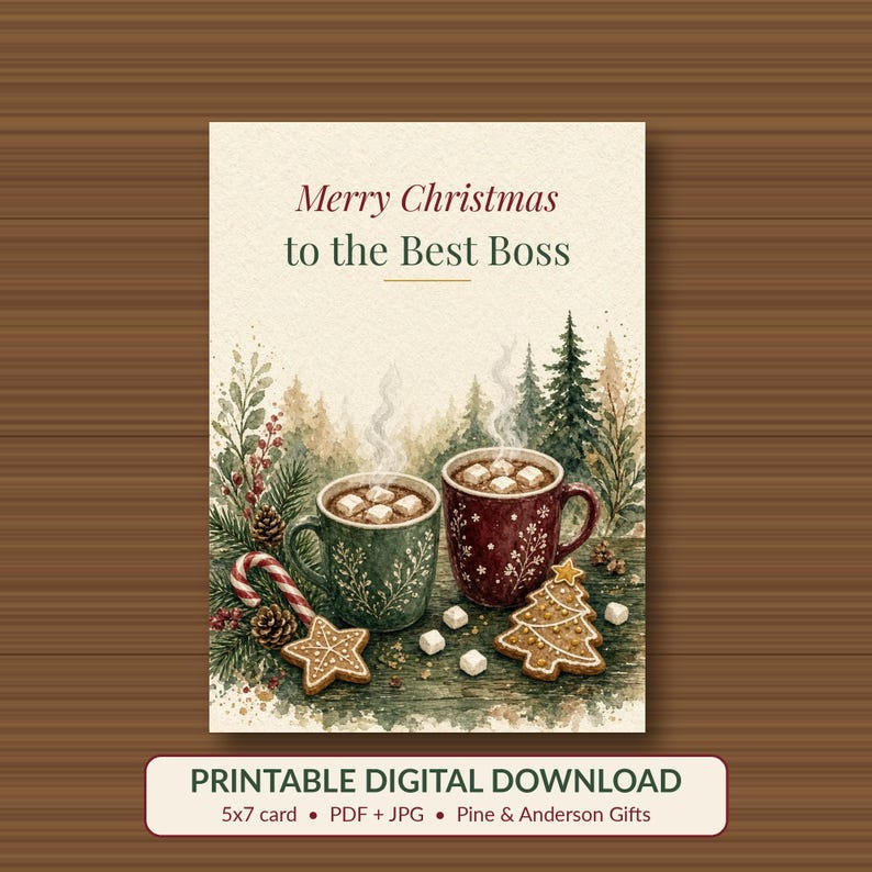Printable Christmas Card for Boss, Best Boss, 5x7 image 1