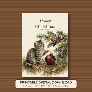 Printable Cat Christmas Card, Meowy Christmas, 5x7 imagen 1