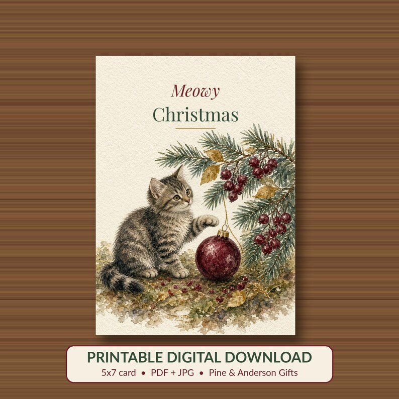 Printable Cat Christmas Card, Meowy Christmas, 5x7 imagen 1
