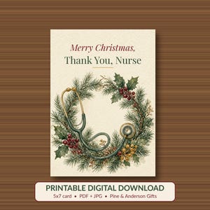 Printable Christmas Card for Nurse, Thank You, 5x7 imagen 1