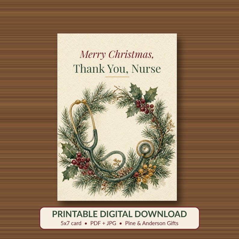 Printable Christmas Card for Nurse, Thank You, 5x7 imagen 1