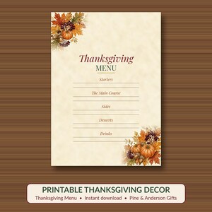 Thanksgiving Menu Card Printable, Fill-In Fall Dinner Menu, Autumn Table Decor 5x7