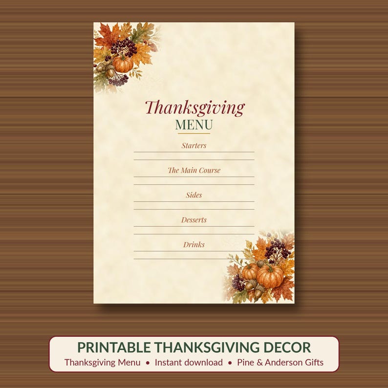 Thanksgiving Menu Card Printable, Fill-In Fall Dinner Menu, Autumn Table Decor 5x7 image 1