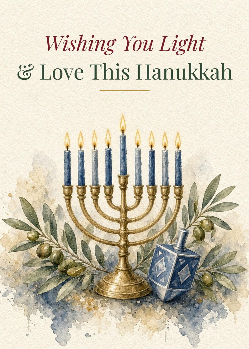 Hanukkah Card Printable, Wishing You Light and Love, 5x7 image 2