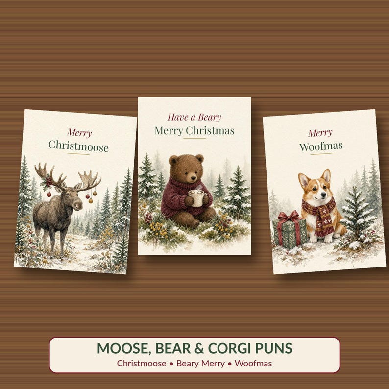 Puede incluir: Tres tarjetas de felicitaci&oacute;n navide&ntilde;as rectangulares con ilustraciones de un alce con adornos, un oso con su&eacute;ter sosteniendo una taza y un corgi con un regalo. El texto incluye Merry Christmoose, Have a Beary Merry Christmas y Merry Woofmas.
