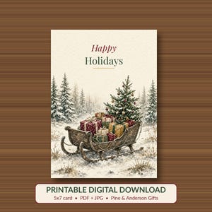 Printable Happy Holidays Card, Vintage Sleigh, 5x7 imagen 1
