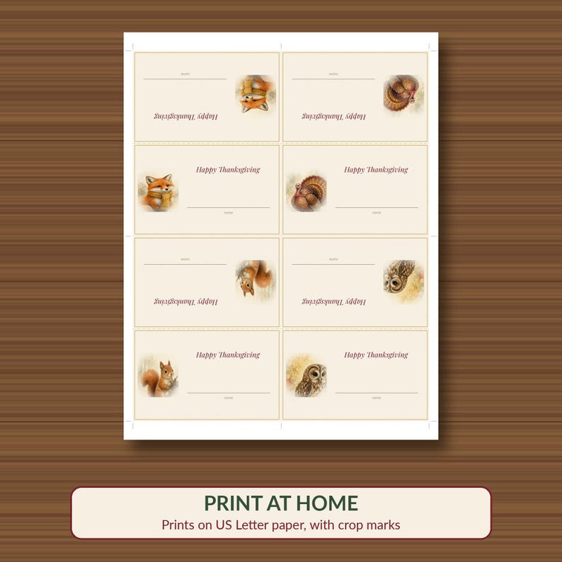 Printbare naamkaartjes voor Thanksgiving, naamkaartjes met bos- en tentmotief, herfsttafeldecoratie afbeelding 3