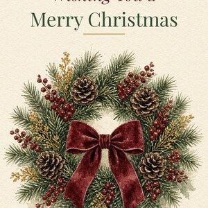 Printable Merry Christmas Card, Watercolor Wreath, 5x7 imagen 2