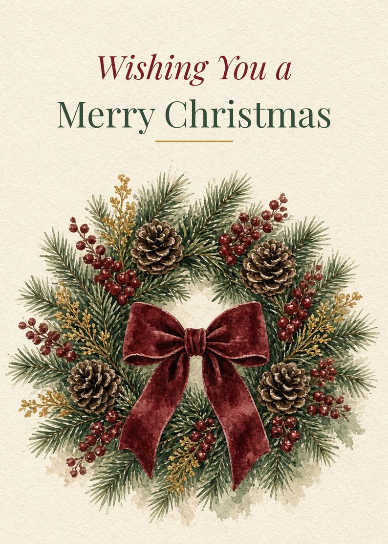 Printable Merry Christmas Card, Watercolor Wreath, 5x7 imagen 2