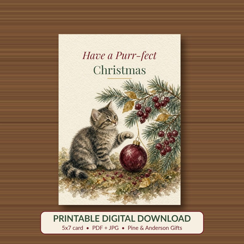 Purrfect Christmas Printable Card, Kitten Ornament, 5x7 image 1