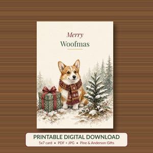 Printable Dog Christmas Card, Merry Woofmas Corgi, 5x7 imagen 1