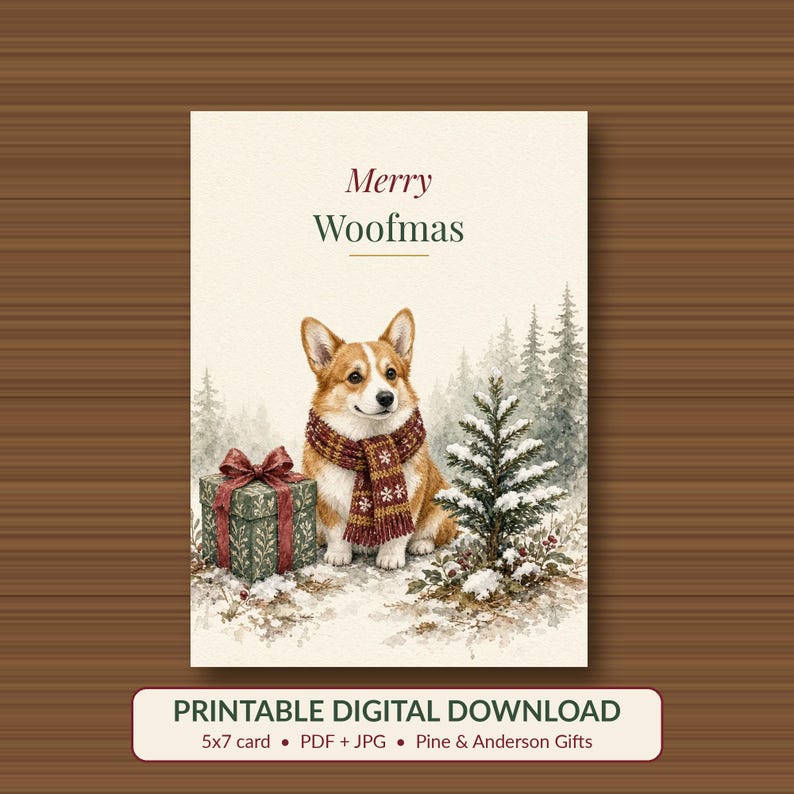 Printable Dog Christmas Card, Merry Woofmas Corgi, 5x7 imagen 1