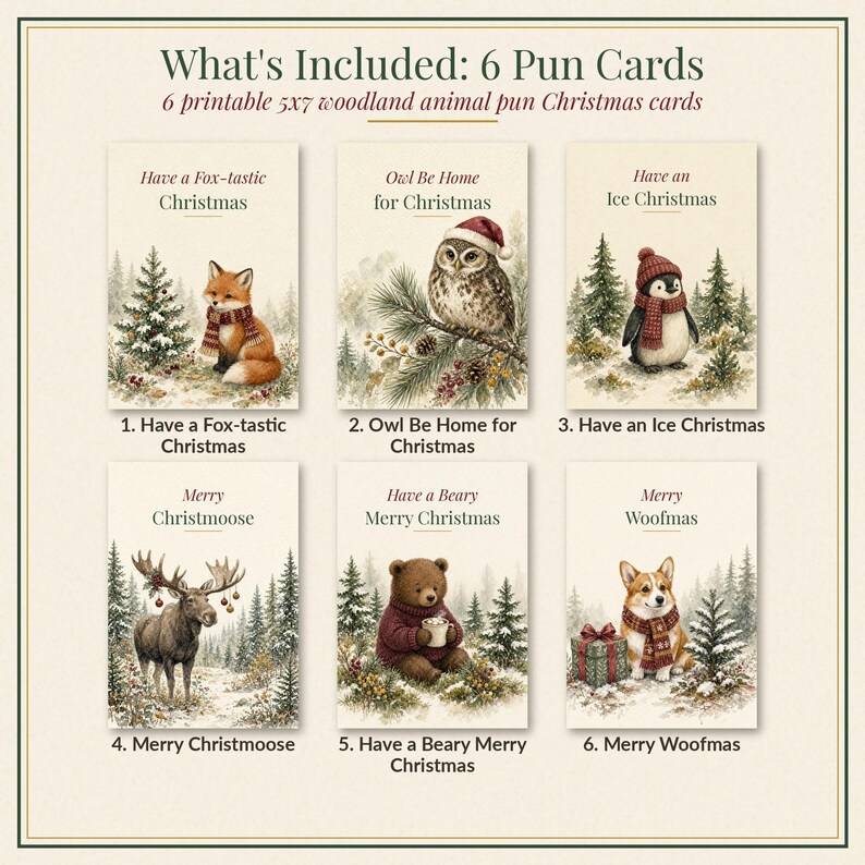 Puede incluir: Un juego de seis tarjetas navide&ntilde;as imprimibles de 5x7 pulgadas con animales del bosque. Los dise&ntilde;os incluyen un zorro, un b&uacute;ho, un ping&uuml;ino, un alce, un oso y un corgi con juegos de palabras festivos relacionados con la Navidad.