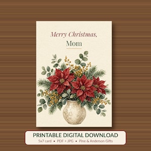 Printable Christmas Card for Mom, Poinsettia, 5x7 imagen 1