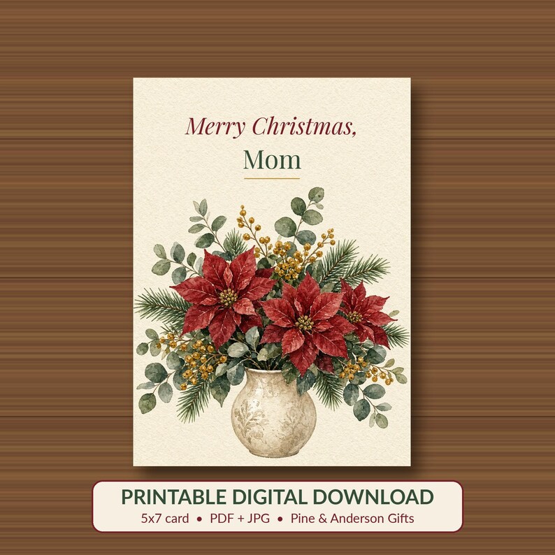 Printable Christmas Card for Mom, Poinsettia, 5x7 imagen 1