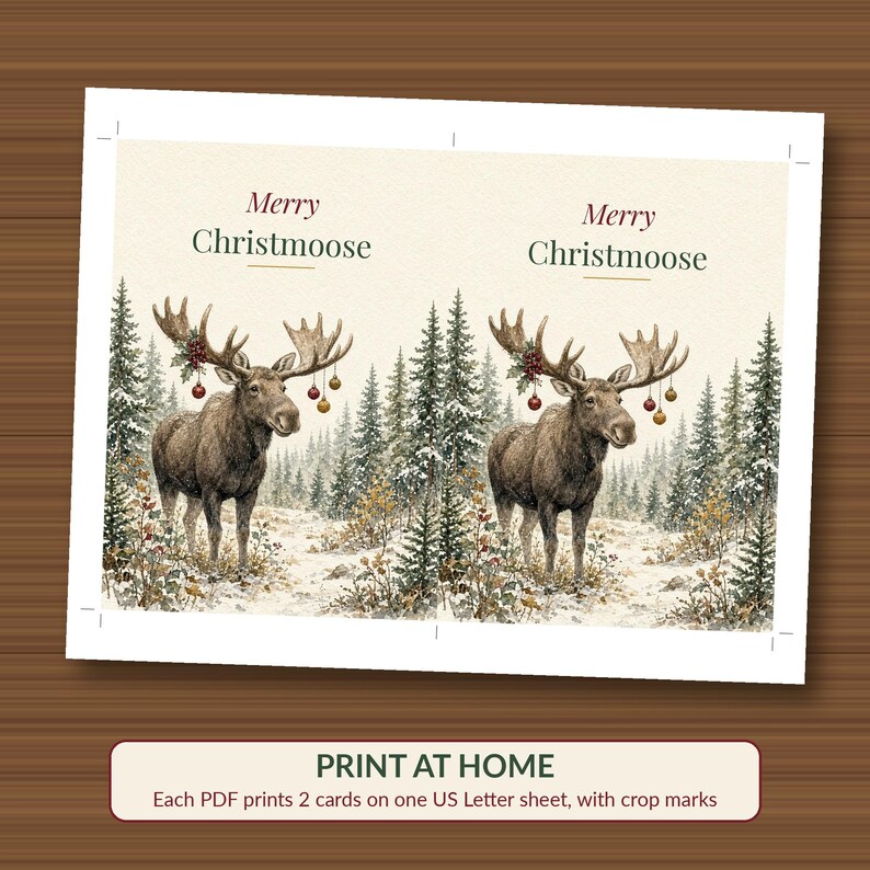 Puede incluir: Una hoja imprimible con dos tarjetas de felicitaci&oacute;n id&eacute;nticas con el texto Merry Christmoose. Cada tarjeta muestra un alce marr&oacute;n con astas decoradas con adornos colgantes y acebo en un bosque nevado con pinos.