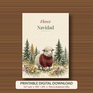 Fleece Navidad Printable Christmas Card, Sheep Pun 5x7 imagen 1