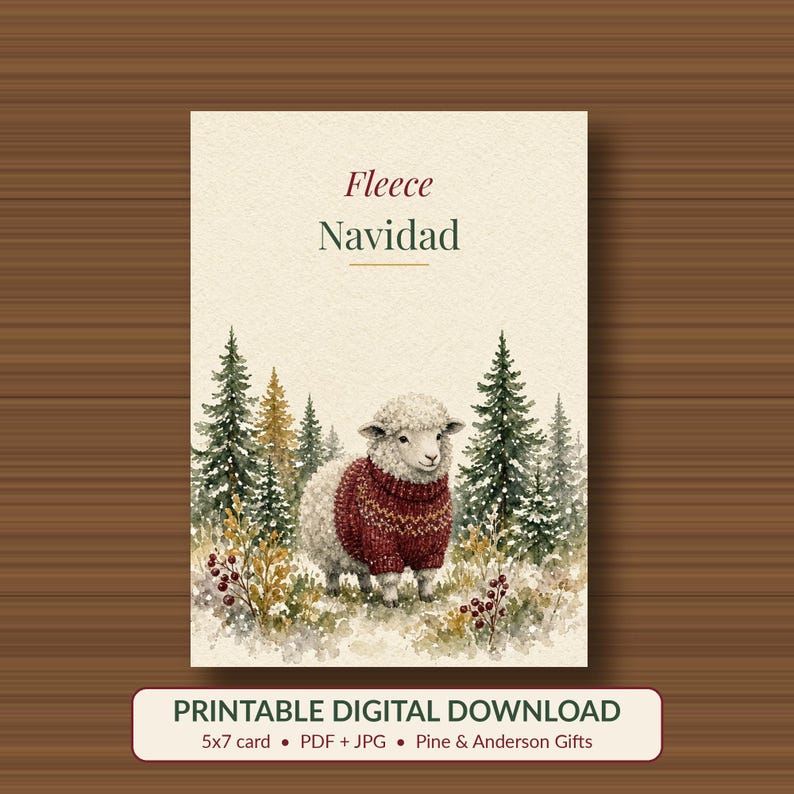 Fleece Navidad Printable Christmas Card, Sheep Pun 5x7 imagen 1