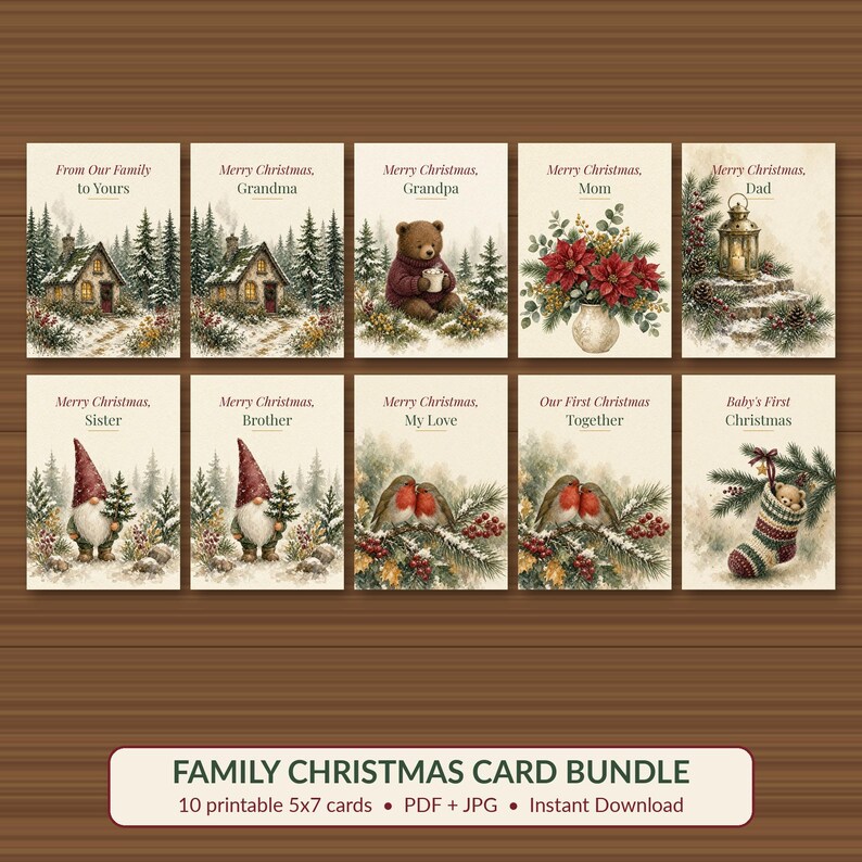Family Christmas Card Bundle Printable, 10 Cards for Grandma, Grandpa, Mom, Dad, Siblings & Couples, 5x7 Instant Download image 1