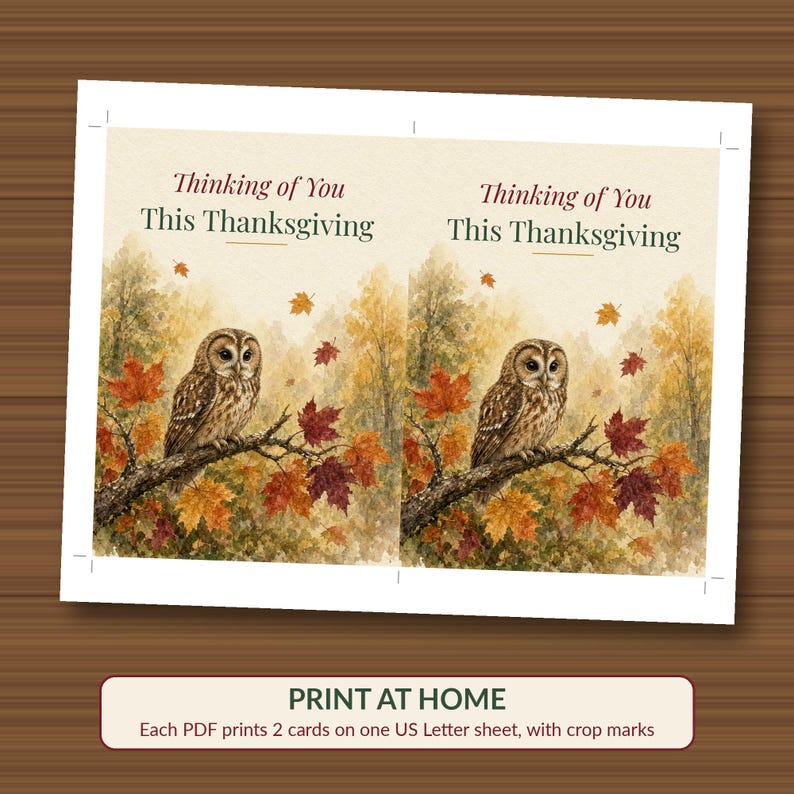 Thinking of You This Thanksgiving Card Printable, Owl Fall Sympathy Card, 5x7 image 3