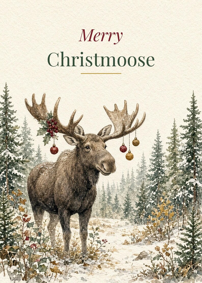Merry Christmoose Printable Card, Funny Moose Pun, 5x7 imagen 2
