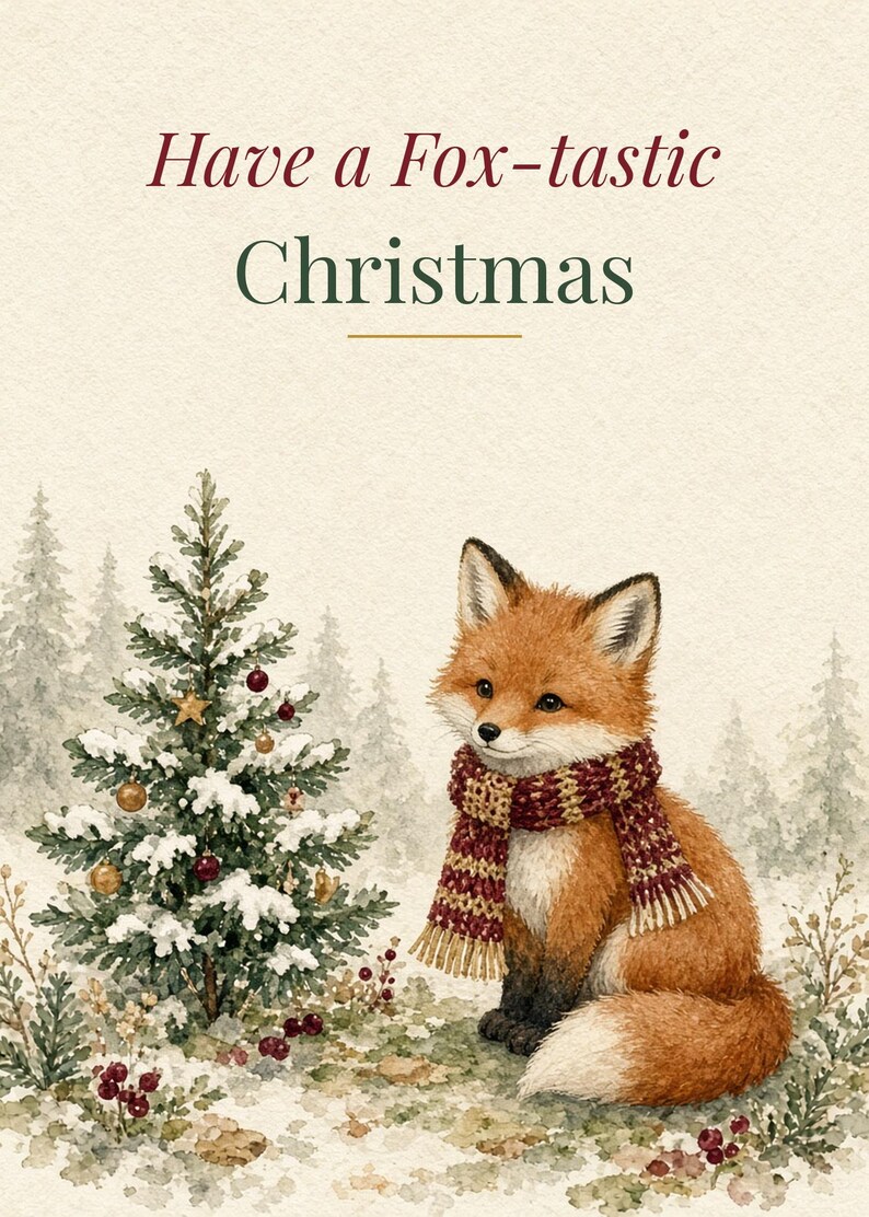 Printable Fox Christmas Card, Funny Woodland Pun, 5x7 imagen 2