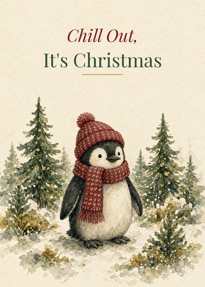 Printable Christmas Card for Coworker, Funny Penguin, 5x7 imagen 2