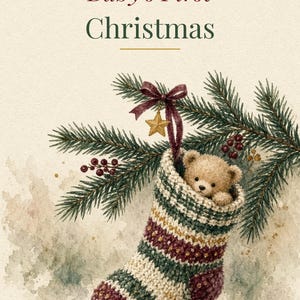 Baby's First Christmas Printable Card, Teddy Stocking, 5x7 image 2