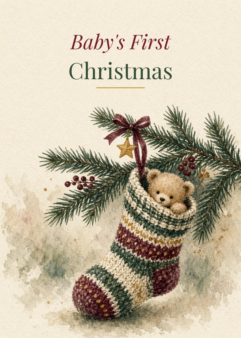 Baby's First Christmas Printable Card, Teddy Stocking, 5x7 image 2