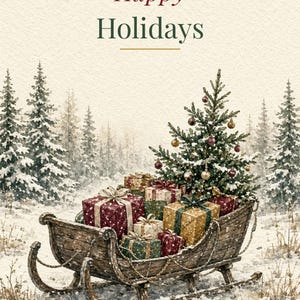 Printable Happy Holidays Card, Vintage Sleigh, 5x7 imagen 2