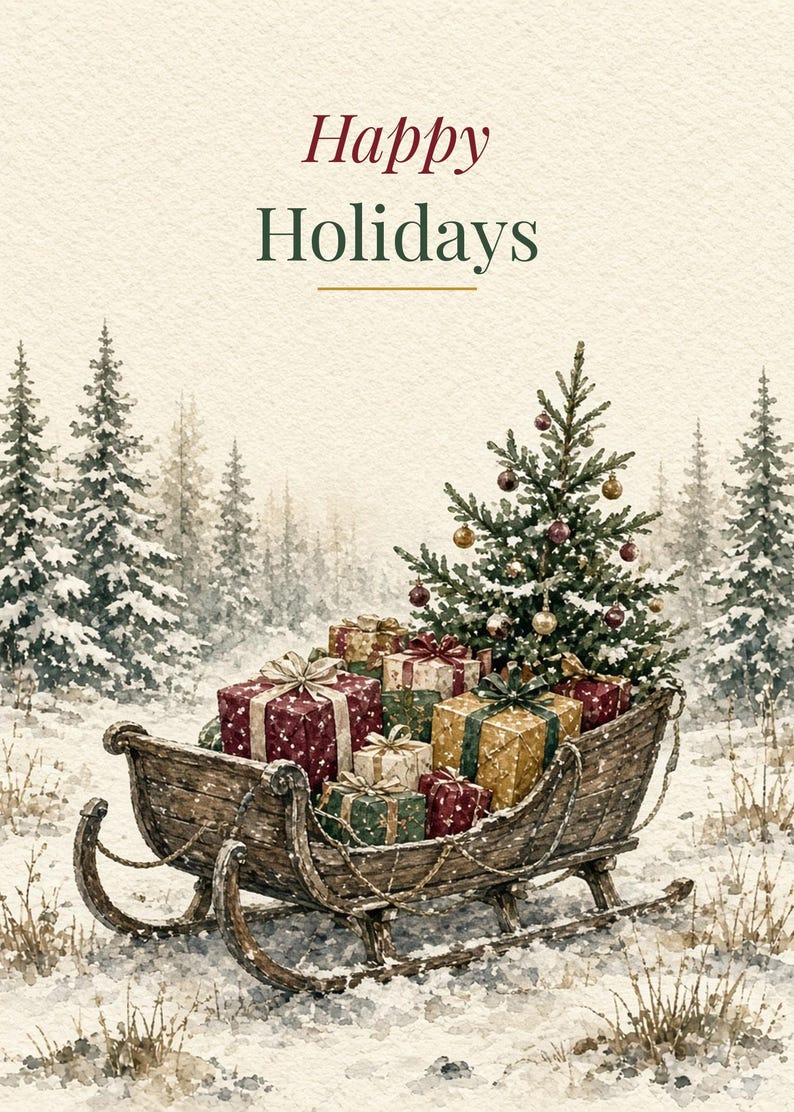 Printable Happy Holidays Card, Vintage Sleigh, 5x7 imagen 2