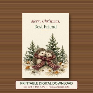 Printable Christmas Card for Best Friend, Hedgehogs, 5x7 imagen 1