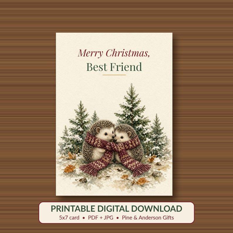 Printable Christmas Card for Best Friend, Hedgehogs, 5x7 imagen 1