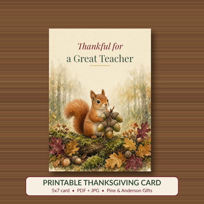 Teacher Thanksgiving Card Printable, Thankful for a Great Teacher, Squirrel 5x7 image 1