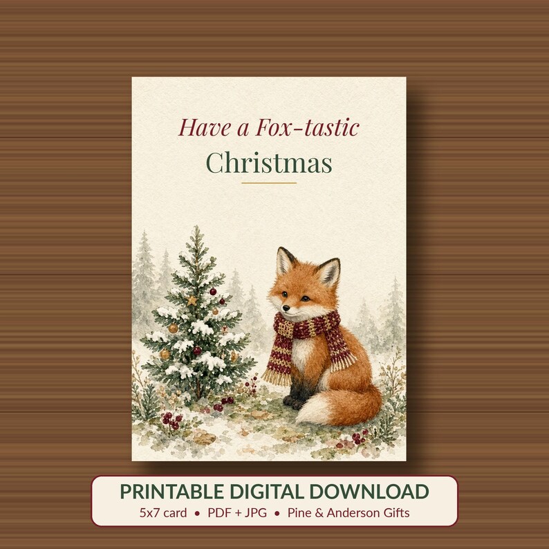 Printable Fox Christmas Card, Funny Woodland Pun, 5x7 imagen 1