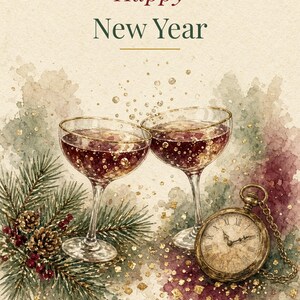 Printable Happy New Year Card, Champagne Toast, 5x7 imagen 2