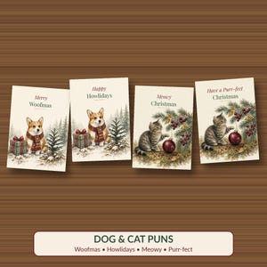 Pet Christmas Card Bundle Printable, 8 Dog, Cat & Farm Animal Pun Cards, Funny Pet Lover Holiday Cards, 5x7 Instant Download image 3