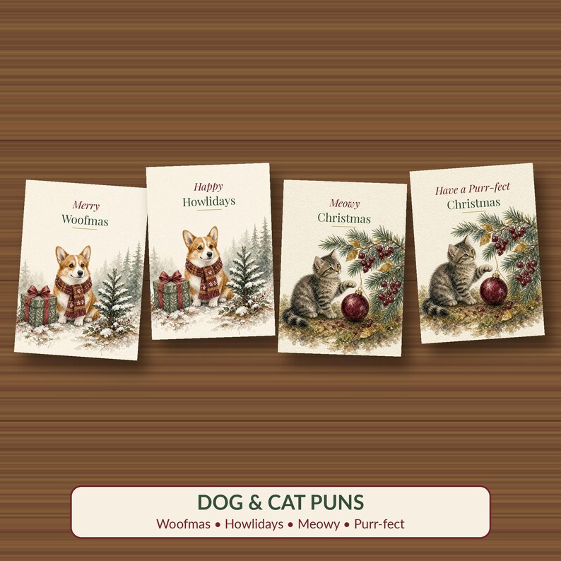 Pet Christmas Card Bundle Printable, 8 Dog, Cat & Farm Animal Pun Cards, Funny Pet Lover Holiday Cards, 5x7 Instant Download image 3