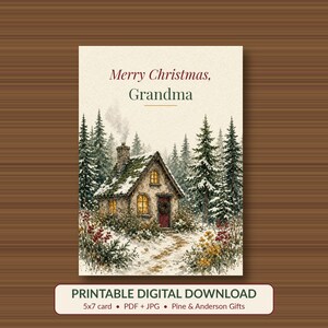Printable Christmas Card for Grandma, Cozy Cottage, 5x7 image 1